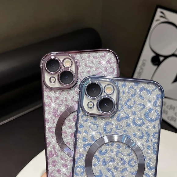 Glitter Leopard Print iPhone 15 Plus Case - Silver and Blue - Picture 8 of 11